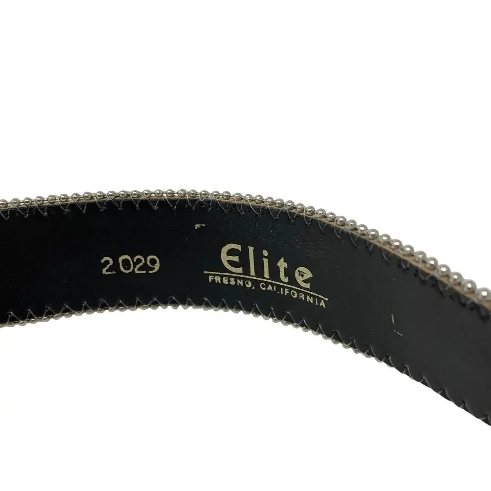 VTG Elite Neutral Tones Silver Tone Engraved Buckle Beaded Trim Belt Apx Sz M